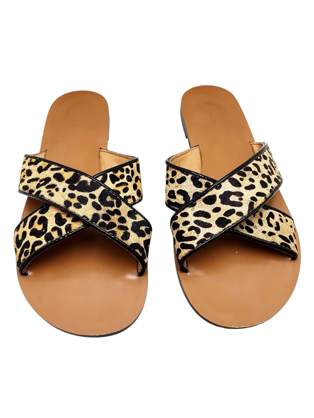 {J. Crew} Seaside Crisscross Leopard Print Pony Hair Leather Slide Sandals